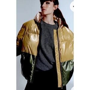 Zara Golden Metalic Colour Block Puffer Coat M
